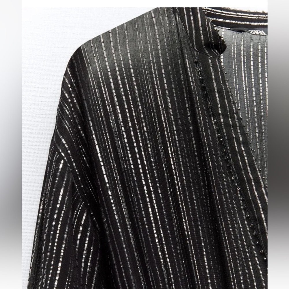 Zara Metallic Stripe Dress Black Silver Notch Collar Beaded Trim - Picture 3 of 11